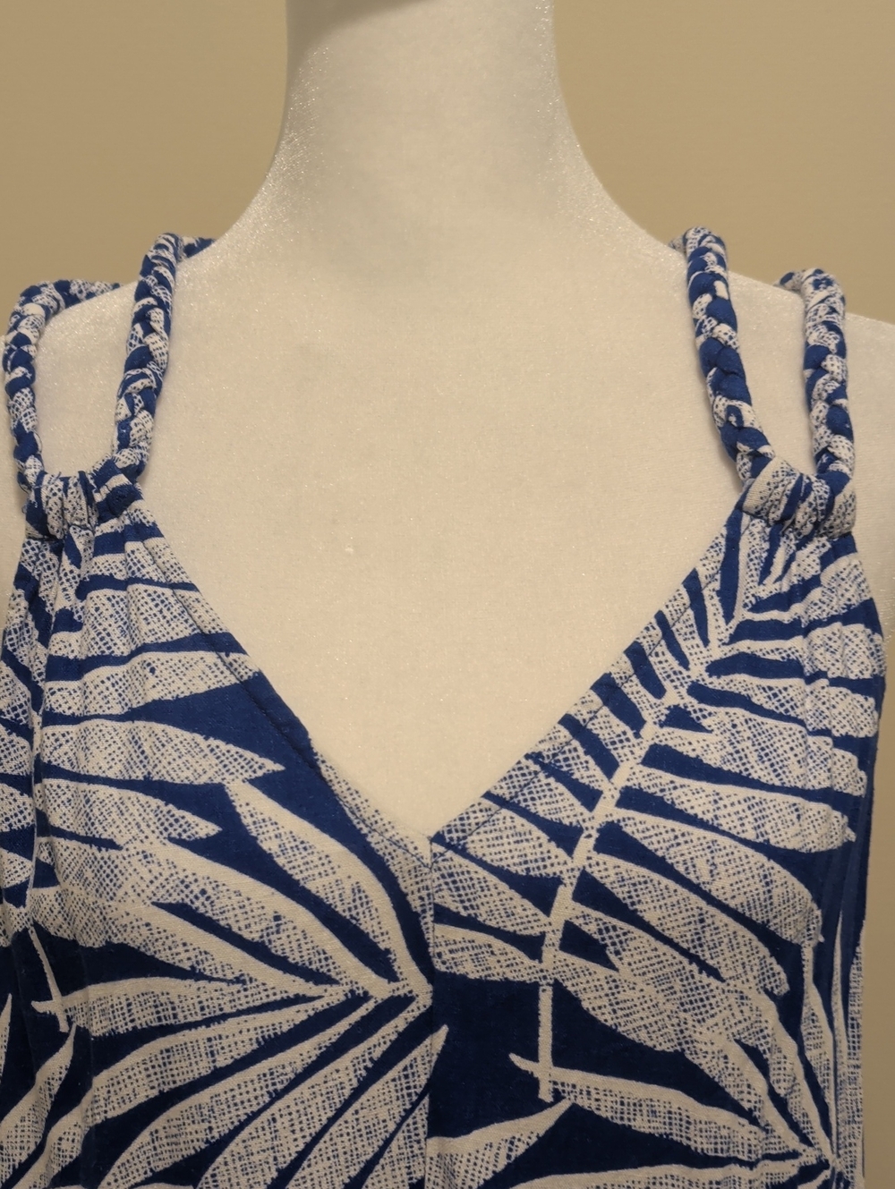Blue and white Palm-Print V-Neck Midi Dress with Braided Straps - Picture 2 of 11